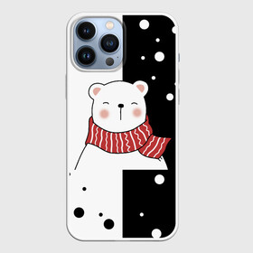 Чехол для iPhone 13 Pro Max с принтом ЧЁРНО БЕЛЫЙ МИШКА в Новосибирске,  |  | белый | горошек | зима | медведь | милый | мишка | подарок | прикол | пушистый | фон | чб | черный | шарф