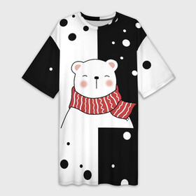 Платье-футболка 3D с принтом ЧЁРНО БЕЛЫЙ МИШКА в Новосибирске,  |  | белый | горошек | зима | медведь | милый | мишка | подарок | прикол | пушистый | фон | чб | черный | шарф