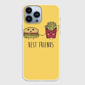 Чехол для iPhone 13 Pro Max с принтом Hamburger and fries are best friends в Новосибирске,  |  | Тематика изображения на принте: cartoon characters | holding hands | гамбургер | держаться за руки | картошка фри | лучшие друзья | мультяшные герои