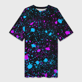 Платье-футболка 3D с принтом Брызги неоновые ярких красок в Новосибирске,  |  | акварельные | брызги | кисти | клякса | краски | ляпы | неоновые | розовый | стиль | точки | черный | эмоции | яркий