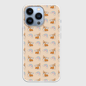 Чехол для iPhone 13 Pro с принтом Корги   единороги паттерн в Новосибирске,  |  | вельш корги | домашние животные | единороги | корги | охра | паттерн | песочный | питомцы | радуга | собаки