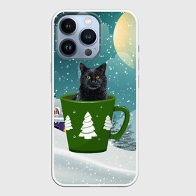 Чехол для iPhone 13 Pro с принтом Черный кот в кружке в Новосибирске,  |  | зима | кот | котенок | котик | котики | кошка | новогодняя | новый год | рождество | тепло