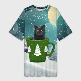 Платье-футболка 3D с принтом Черный кот в кружке в Новосибирске,  |  | зима | кот | котенок | котик | котики | кошка | новогодняя | новый год | рождество | тепло