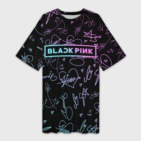 Платье-футболка 3D с принтом NEON BLACKPINK АВТОГРАФЫ в Новосибирске,  |  | black  pink | blackpink | ddudu ddudu | jennie | jisoo | kpop | lalisa | lisa | neon | rose | блекпинк | группа | ддуду ддуду | дженни | джису | корейская группа | кпоп | лисы | неон | розовый | розэ | черный