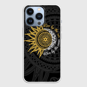 Чехол для iPhone 13 Pro с принтом Live by the sun Love by the moon в Новосибирске,  |  | fusion | live by the sun | love by the moon | moon | ornament | pattern | sun | жизнь под солнцем | луна | любовь под луной | орнамент | слияние | солнце | узор