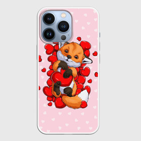 Чехол для iPhone 13 Pro с принтом Лисенок с сердечками   Little fox and hearts в Новосибирске,  |  | Тематика изображения на принте: fox | hearts | love | valentines | valentines day | валентинка | влюбленный | день святого валентина | забавный | лиса | лисенок | любовь | милый | сердечко | сердце