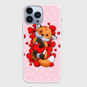 Чехол для iPhone 13 Pro Max с принтом Лисенок с сердечками   Little fox and hearts в Новосибирске,  |  | Тематика изображения на принте: fox | hearts | love | valentines | valentines day | валентинка | влюбленный | день святого валентина | забавный | лиса | лисенок | любовь | милый | сердечко | сердце