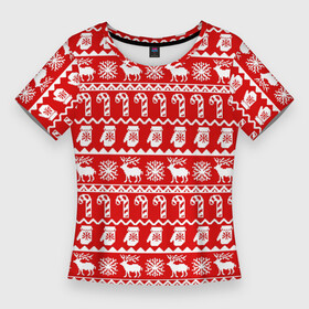 Женская футболка 3D Slim с принтом Новогодний принт с оленями, снежинками, варежками и леденцами в Новосибирске,  |  | Тематика изображения на принте: варежки | зима | зимний | красный | леденцы | новогодний | новый год | олени | орнамент | снежинки | узор