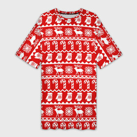 Платье-футболка 3D с принтом Новогодний принт с оленями, снежинками, варежками и леденцами в Новосибирске,  |  | варежки | зима | зимний | красный | леденцы | новогодний | новый год | олени | орнамент | снежинки | узор