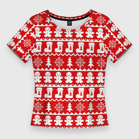 Женская футболка 3D Slim с принтом Новогодний принт с пряничными человечками, елками и снежинками в Новосибирске,  |  | елки | зима | зимний | красный | новогодний | новый год | носки | орнамент | пряник | пряничный | снежинки | узор | человечек