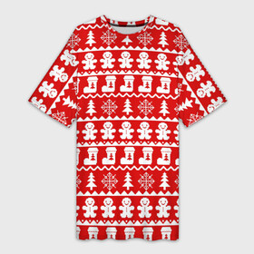 Платье-футболка 3D с принтом Новогодний принт с пряничными человечками, елками и снежинками в Новосибирске,  |  | елки | зима | зимний | красный | новогодний | новый год | носки | орнамент | пряник | пряничный | снежинки | узор | человечек