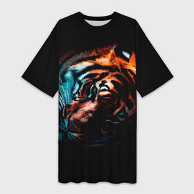 Платье-футболка 3D с принтом Красивый Тигр лежит в Новосибирске,  |  | furry | low poly | tiger | восточный тигр | год тигра | голова | кошка | лоу поли | тигр | тигренок | фурри | хищник | шерсть тигра