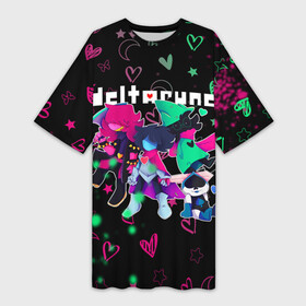 Платье-футболка 3D с принтом ГЕРОИ ИГРЫ DELTARUNE NEON в Новосибирске,  |  | deltarune | deltarune 2 | game | heart | hearts | neon | stars | undertale символ | дельта | дельтарун | дельтарун 2 | джевил | звё | знак руин андертейл | значок дельтарун пиксель | игра | королева | крис | неон | ноэлль | ральз