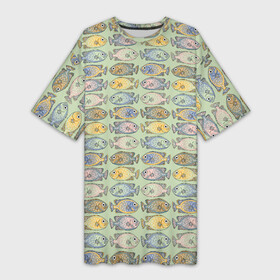 Платье-футболка 3D с принтом Рыбы паттерн в Новосибирске,  |  | знак зодиака | морская рыба | морские обитатели | нежный принт | пастельные цвета | паттерн | разноцветные рыбы | речная рыба | рыбалка | рыбы | салатовый цвет | туристический
