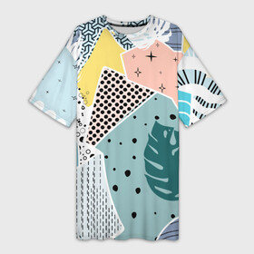 Платье-футболка 3D с принтом Абстрактный узор с пальмовыми листами и геометрией в Новосибирске,  |  | абстрактный мотив | абстрактный узор | абстракционизмы | абстракция | белый | бесшовный паттерн | всяко разно | геометрический | геометрия | кружочки | листы | пальмовый лист | пальмы | полосочки