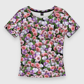 Женская футболка 3D Slim с принтом Чудесные фиалки в Новосибирске,  |  | 8 марта | ботаника | букет | клумба | паттерн | растения | фиалка | фиалки | флора | цветочки | цветы