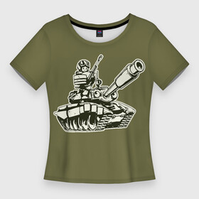 Женская футболка 3D Slim с принтом Танкота (оливковый) в Новосибирске,  |  | военный | война | забавный | комикс | милитари | мультик | мультяшка | т90 | танк | танкист | техника | юмор