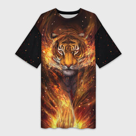 Платье-футболка 3D с принтом Огненный тигр  Сила огня в Новосибирске,  |  | 2022 | amur tiger | beast | fangs | happy new year | merry christmas | new year | predator | snow | stars | stern grin | stern look | winter | year of the tiger | амурский тигр | год тигра | дым | жар | зверь | зима | клыки | новый год | огонь |