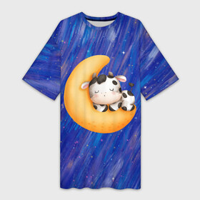 Платье-футболка 3D с принтом Спящий бычок на луне в Новосибирске,  |  | луна | месяц | сон | сонный | спать | спокойной ночи | спящий бычок на месяце