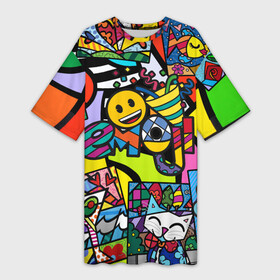 Платье-футболка 3D с принтом Romero Britto  emoji в Новосибирске,  |  | brazilian artist | bright colors | cubism | emoji | emoticons | graffiti | pop art | romero britto | бразильский художник | граффити | кубизм | ромеро бритто | смайлики | эмодзи | яркие цвета