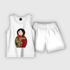 Детская пижама с шортами хлопок с принтом Красивая матрешка в Новосибирске,  |  | девушка | женщина | игрушка | красота | кукла | матрешка | народный | национальный | россия | русская | этнический | этно