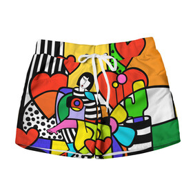 Женские шорты 3D с принтом Romero Britto   valentines day в Новосибирске, 100% полиэстер | прямой крой, два кармана без застежек по бокам. Мягкая трикотажная резинка на поясе, внутри которой широкие завязки. Длина до середины бедра | brazilian artist | bright colors | cubism | emoji | girl | hearts | love | pop art | romero britto | valentines day | бразильский художник | девушка | день святого валентина | кубизм | любовь | ромеро бритто | сердца | эмодзи | 