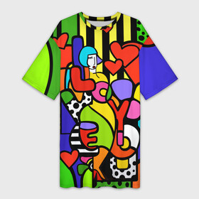 Платье-футболка 3D с принтом Romero Britto  love you. в Новосибирске,  |  | brazilian artist | bright colors | cubism | emoji | girl | hearts | love | love you | pop art | romero britto | valentines day | бразильский художник | девушка | день святого валентина | кубизм | люблю тебя | любовь | ромеро бри