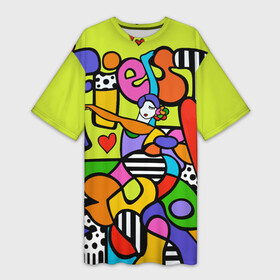 Платье-футболка 3D с принтом Fiesta dance в Новосибирске,  |  | brazilian artist | bright colors | cubism | emoji | girl | graffiti | hearts | love | pop art | romero britto | valentine | бразильский художник | граффити | девушка | день святого валентина | кубизм | любовь | ромеро бритто | с