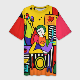 Платье-футболка 3D с принтом Girl with a glass в Новосибирске,  |  | brazilian artist | bright colors | cubism | emoji | graffiti | heart | pop art | romero britto | бразильский художник | граффити | девушка с бакалом | день святого валентина | кубизм | любовь | ромеро бритто 