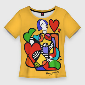 Женская футболка 3D Slim с принтом Girl with hearts в Новосибирске,  |  | brazilian artist | bright colors | cubism | emoji | girl | graffiti | hearts | love | pop art | romero britto | valentines day | бразильский художник | граффити | девушка | день святого валентина | кубизм | любовь | ромеро бритт
