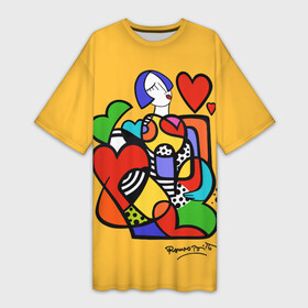 Платье-футболка 3D с принтом Girl with hearts в Новосибирске,  |  | brazilian artist | bright colors | cubism | emoji | girl | graffiti | hearts | love | pop art | romero britto | valentines day | бразильский художник | граффити | девушка | день святого валентина | кубизм | любовь | ромеро бритт