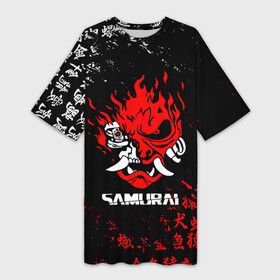 Платье-футболка 3D с принтом CYBERPUNK SAMURAI JAPAN STYLE  САМУРАЙ в Новосибирске,  |  | cd project red | cyberpunk 2077 | demon | keanu reeves | maelstrom | militech | quadra | samurai | smile | trauma | trauma team | демон | иероглифы | киану ривз | киберпанк 2077 | милитех | самурай | символы | смайл