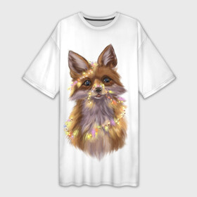 Платье-футболка 3D с принтом Fox with a garland в Новосибирске,  |  | fox | гирлянда | животные | лиса | новый год