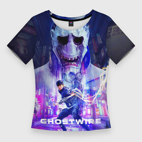 Женская футболка 3D Slim с принтом Ghostwire: Tokyo Главный герой в Новосибирске,  |  | games | ghostwire | logo | mask | neon | ps5 | samurai | tokyo | игры | лого | маска | неон | пс5 | самурай | токио