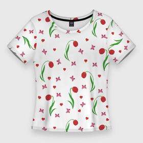 Женская футболка 3D Slim с принтом Тюльпаны, бабочки, сердечки в Новосибирске,  |  | buds | butterflies | flowers | heart | hearts | love | lovers | recognition | red | spring | tulips | valentines day | бабочки | бутоны | весна | день святого валентина | красный | любовь | признание | сердца | сердце | тюльпаны | цветы