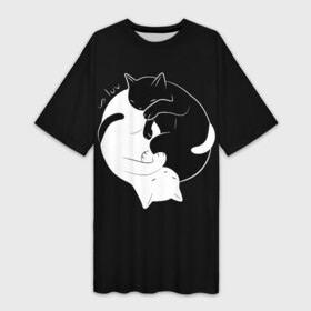 Платье-футболка 3D с принтом Бесконечная любовь  Endless kitty love в Новосибирске,  |  | black | cats | dualism | endless | eternity | evil | good | infinity | kitty | love | white | yang | yin | белое | бесконечная | бесконечность | вечность | добро | дуализм | зло | инь | коты | кошки | любовь | черное | ян