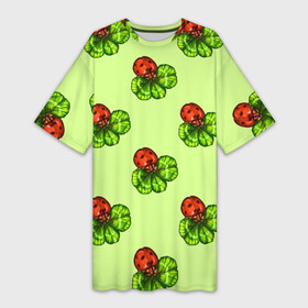 Платье-футболка 3D с принтом Божья коровка и клевер на зеленом. в Новосибирске,  |  | 4 х листник | green | ladybird | ladybug | акварель | божьи коровки | божья коровка | зеленый | клевер | насекомое | насекомые | примета | символ счастья | удача | четырехлистник