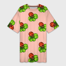 Платье-футболка 3D с принтом Божья коровка и клевер на розовом. в Новосибирске,  |  | 4х листник | ladybug | божьи коровки | божья коровка | клевер | на счастье | на удачу | насекомое | насекомые | паттерн | розовый | символ счастья | символы удачи | четырехлистник