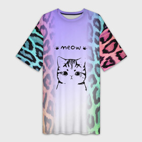 Платье-футболка 3D с принтом Котик MEOW на радужном леопарде принт в Новосибирске,  |  | meow | звериный принт | киса | киска | кот | котейка | котенок | котизм | котик | котэ | кошечка | кошка | леопард | мятна | мяу | радуга | радужный леопард