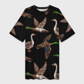 Платье-футболка 3D с принтом Утки паттерн в Новосибирске,  |  | водоплавающие | гусеобразные | гуси | охота | охотник | паттерн | природа | птицы | селезень | турист | утки