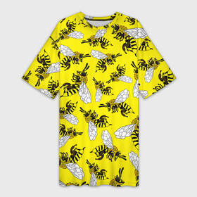 Платье-футболка 3D с принтом Пчелы на желтом в Новосибирске,  |  | bee | honey | insect | nature | spring | summer | sunny | yellow | весно | желтый узор | жук | крылья | лето | мед | много насекомых | насекомые | оса | пасечник | природа | пчела | пчелиный рой | пчелка | пчеловод | пчелы | рой пчел