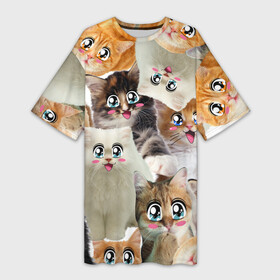 Платье-футболка 3D с принтом Много кошек с большими анимэ глазами в Новосибирске,  |  | глаза анимэ кошки | глаза мультяшные | киса | киска | кисуля | кисуня | кот | котейка | котик | коты | кошек | кошка | много | с анимэ глазами