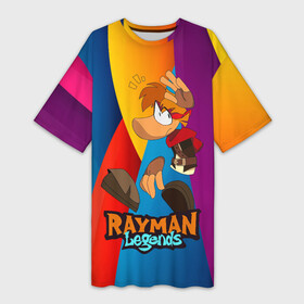 Платье-футболка 3D с принтом Rayman Радужный фон в Новосибирске,  |  | globox | rayman | rayman legends | глобокс | реймен | рэйман | рэймэн | человечек