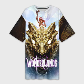 Платье-футболка 3D с принтом Тина на золотом драконе в Новосибирске,  |  | 2k | borderlands | dragon | fire | games | role playing | shooter | sword | tiny tinas wonderlands | weapon | дракон | игры | меч | огонь | оружие | шутер