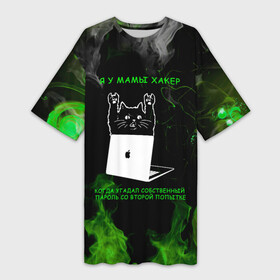 Платье-футболка 3D с принтом Кот программист: Зеленый огонь. в Новосибирске,  |  | код | кот | кот программист | котик | котэ | принт для программистов | программист | хакер