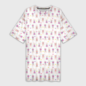 Платье-футболка 3D с принтом Веселые кролики с пасхальными яйцами в Новосибирске,  |  | белый фон | бирюзовый | детский | желтый | зайчик | заяц | кролик | мультяшный стиль | пастельные тона | пасха | пасхальный | персонаж | розовый | фиолетовый | яйцо