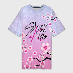 Платье-футболка 3D с принтом Stray Kids цветы сакуры в Новосибирске,  |  | bang chan | changbin | han | hyunjin | k pop | korean pop | lee felix | lee know | seungmin | skz | stray kids | бэнг чан | ли ноу | ли феликс | сакура | скз | стрей кидс | хан | хёнджин | цветы | чана | чангбин