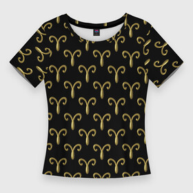 Женская футболка 3D Slim с принтом Золотой овен на черном фоне. Паттерн в Новосибирске,  |  | Тематика изображения на принте: 3d | 3д | апрель | бесшовный | гороскоп | знак | зодиак | золото | золотой | март | металл | на день рождения | овен | паттерн | псевдо 3d | символ | узор | черный фон