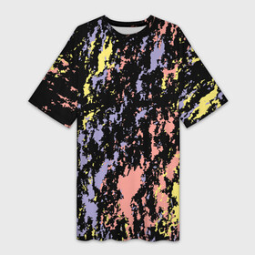 Платье-футболка 3D с принтом цветная абстракция брызгами в Новосибирске,  |  | абстракция | брызги | гармония | желтый | коралловый | настроение | пятна | розовый | синий | сиреневый | цвета | черный фон | яркий