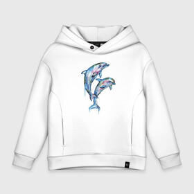 Детское худи Oversize хлопок с принтом Dolphins   Watercolour в Новосибирске, френч-терри — 70% хлопок, 30% полиэстер. Мягкий теплый начес внутри —100% хлопок | боковые карманы, эластичные манжеты и нижняя кромка, капюшон на магнитной кнопке | Тематика изображения на принте: art | dolphin | fin | watercolour | акварель | дельфин | искусство | плавник